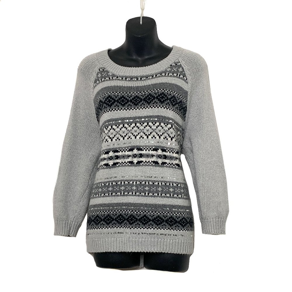 Old Navy Womens 3/4 Sleeve Gray Sweater w Black Geometric Design w Sequins Sz XL